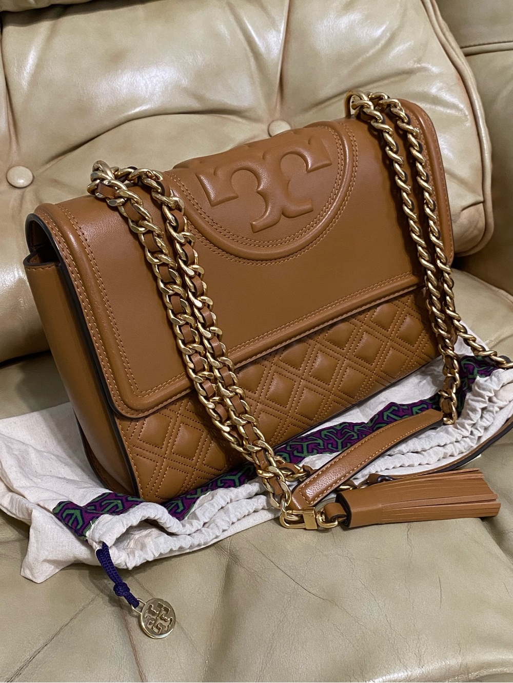 COA Tory Burch LKNW Quilted Fleming Bag Camel Convertible Chain